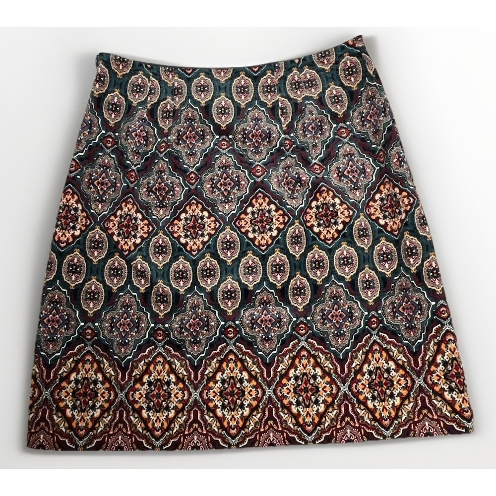 LOFT A-Line Mini Skirt Medallion Print Teal Boho Lined Size 0‎ Colorful Workwear - Picture 2 of 8